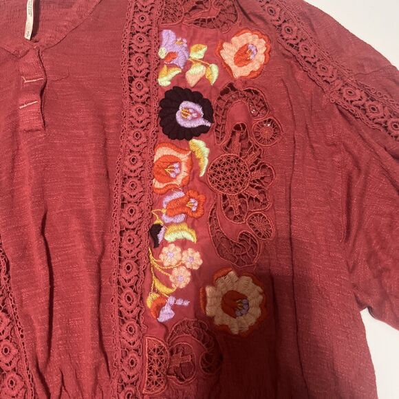Free People Serafina Embroidered Floral Crochet Boho Top in Sangria Combo S - Picture 8 of 12